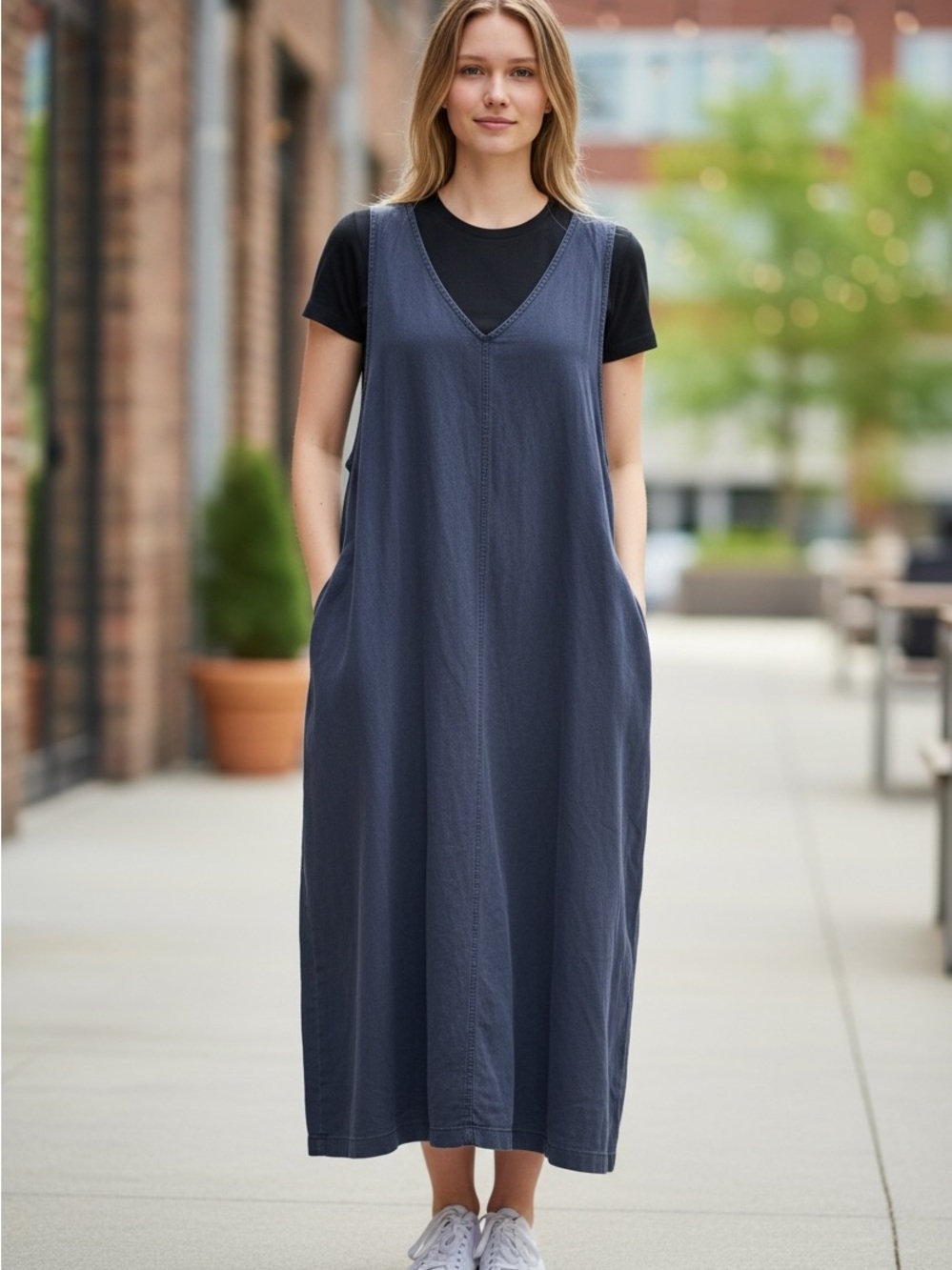 Nordstrom Navy V-Neck Maxi Pinafore Dress